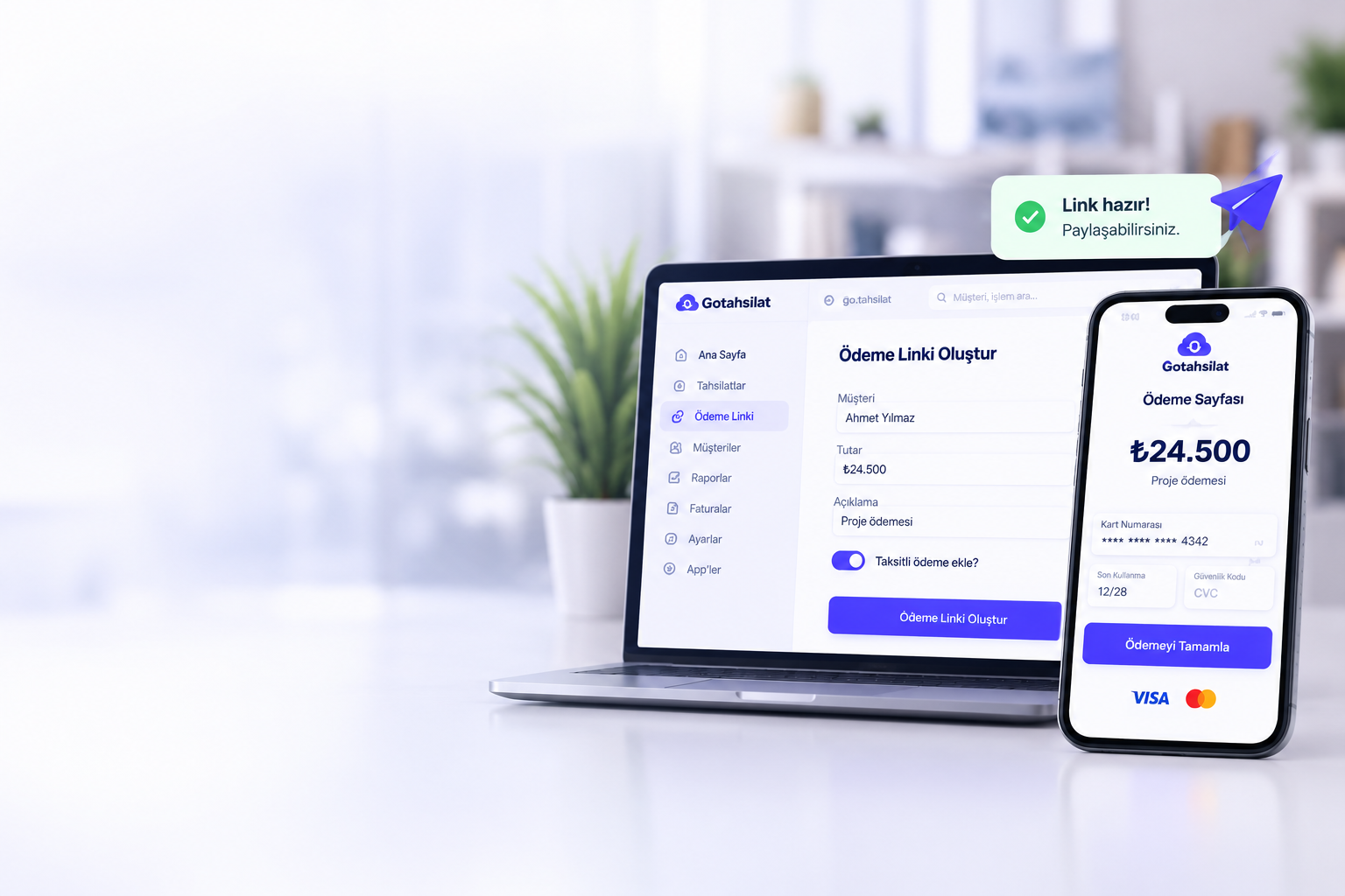 Ödeme Linki Oluştur ekranı ve mobil ödeme sayfası — Link hazır, paylaşabilirsiniz bildirimi
