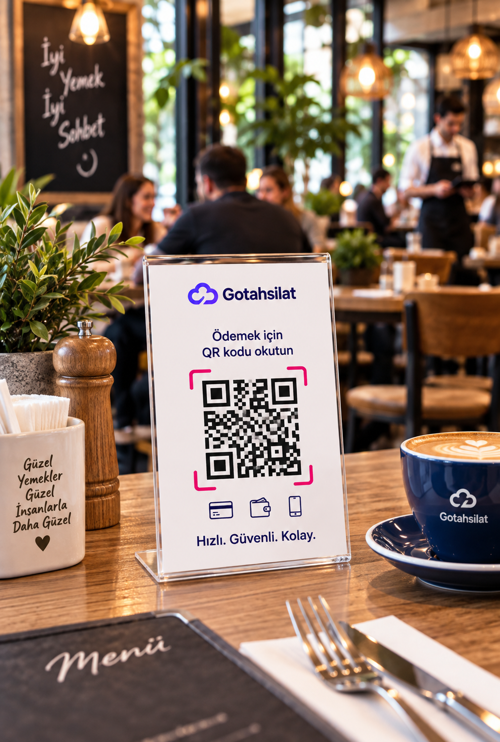 Restoran masasında QR kod standı ile ödeme