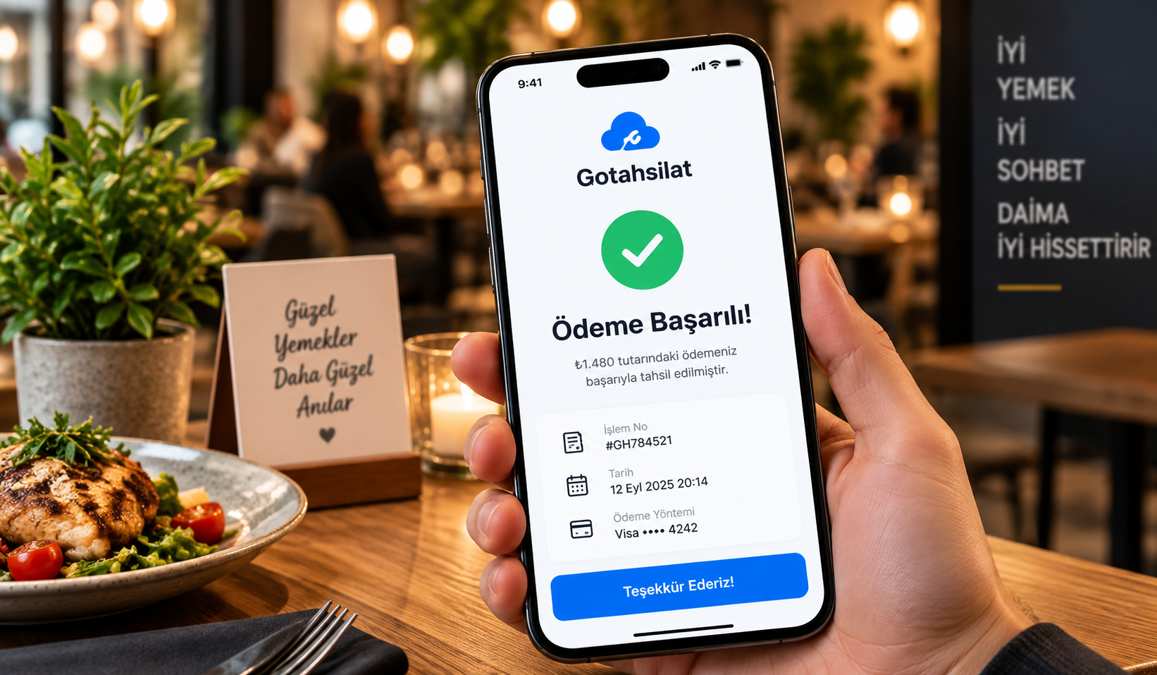 Ödeme başarılı ekranı — restoranda güvenli tahsilat