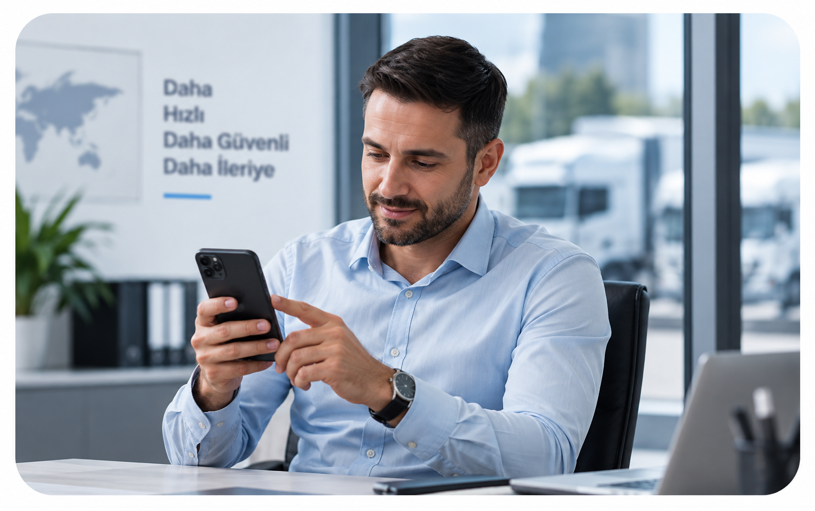 Lojistik firma sahibi telefonundan taşıma ödemesini takip ediyor