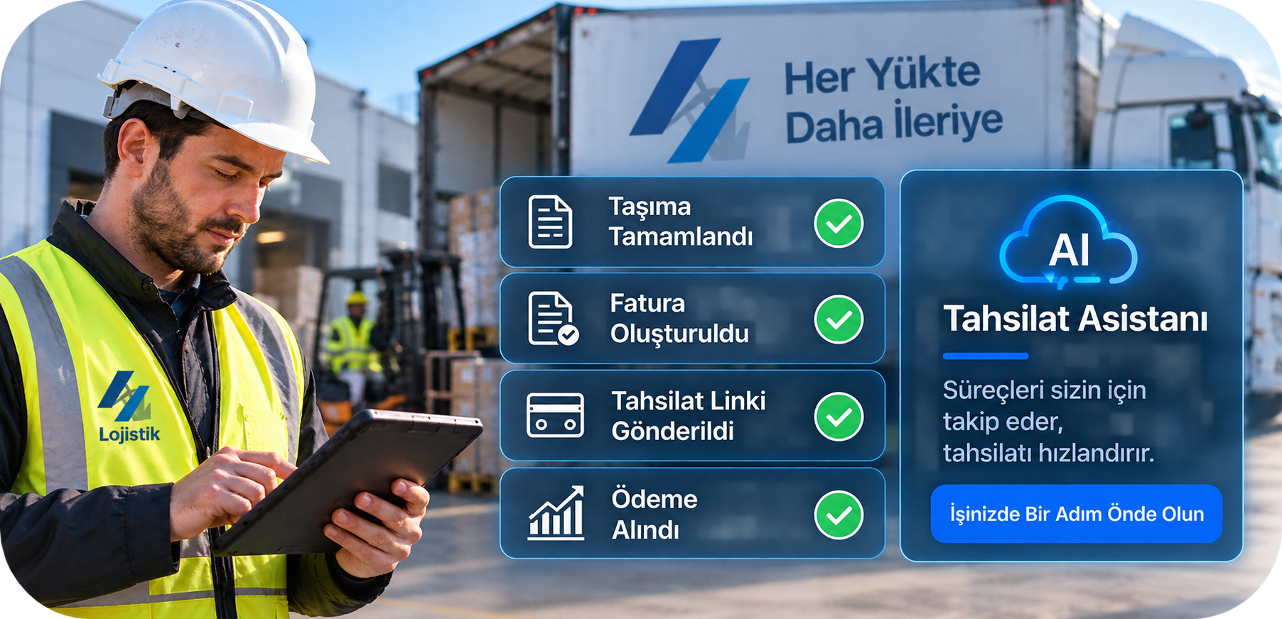 Yapay zeka destekli tahsilat asistanı — saha personeli tablet üzerinde taşıma ve tahsilat verilerini inceliyor