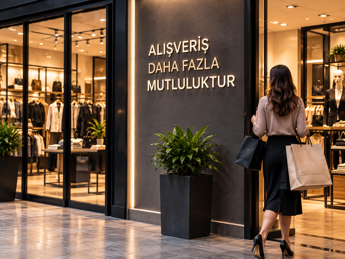 Alışveriş daha fazla mutluluktur — mağaza çıkışında alışveriş yapan müşteri