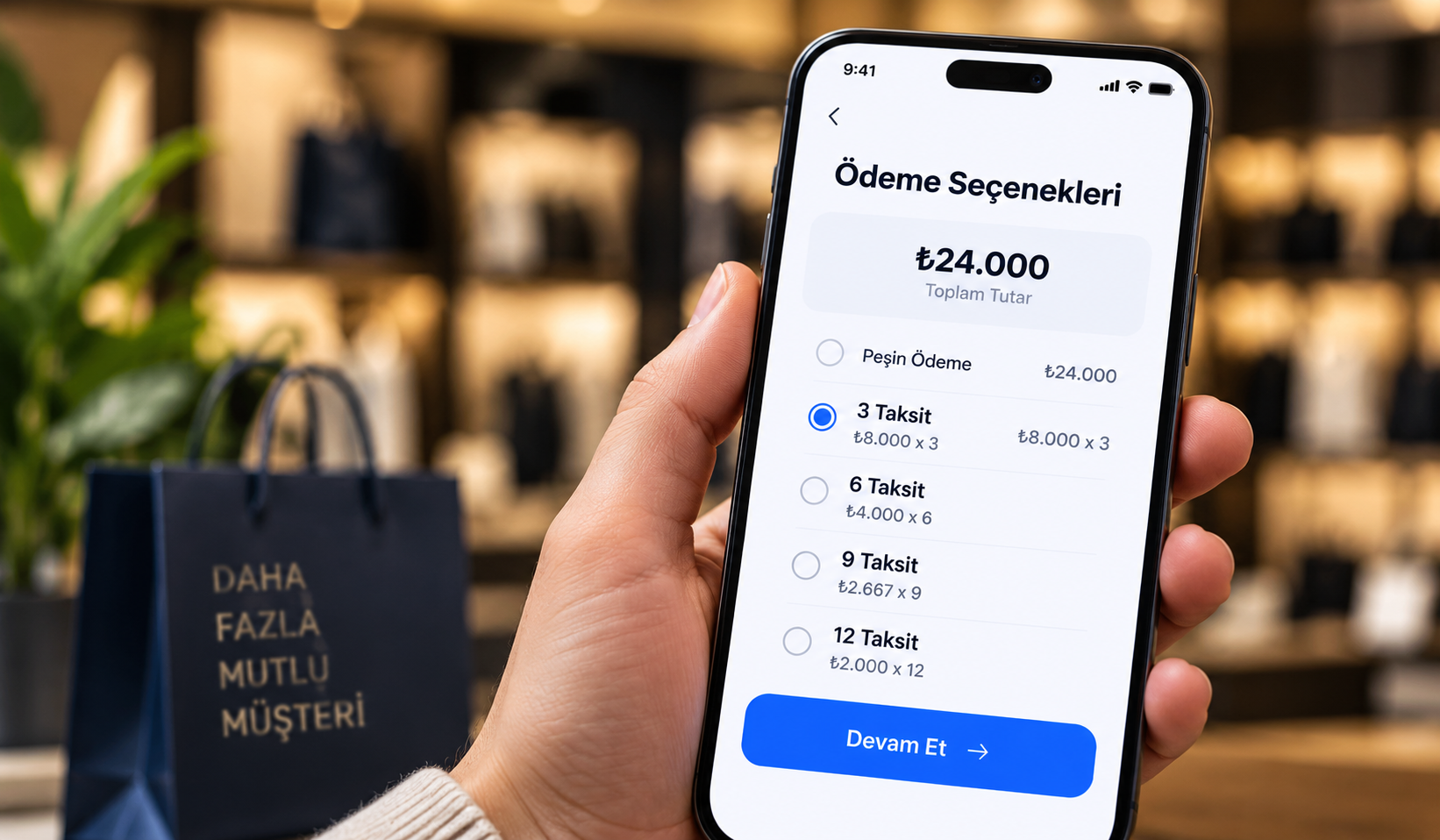 Ödeme seçenekleri ekranı — peşin ve taksitli ödeme planları