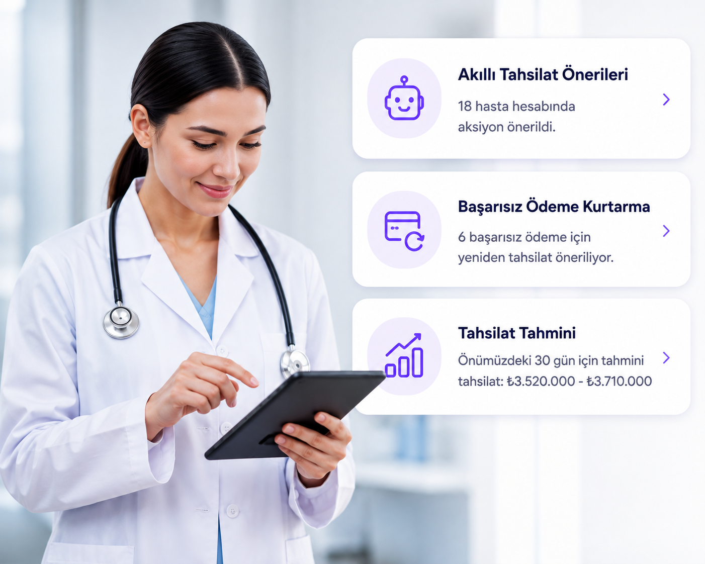 Yapay zeka destekli tahsilat asistanı — akıllı tahsilat önerileri, başarısız ödeme kurtarma ve tahsilat tahmini